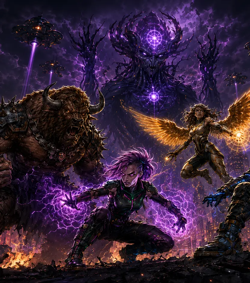 Four escaped specimens turn on the Overmind looming over a burning city